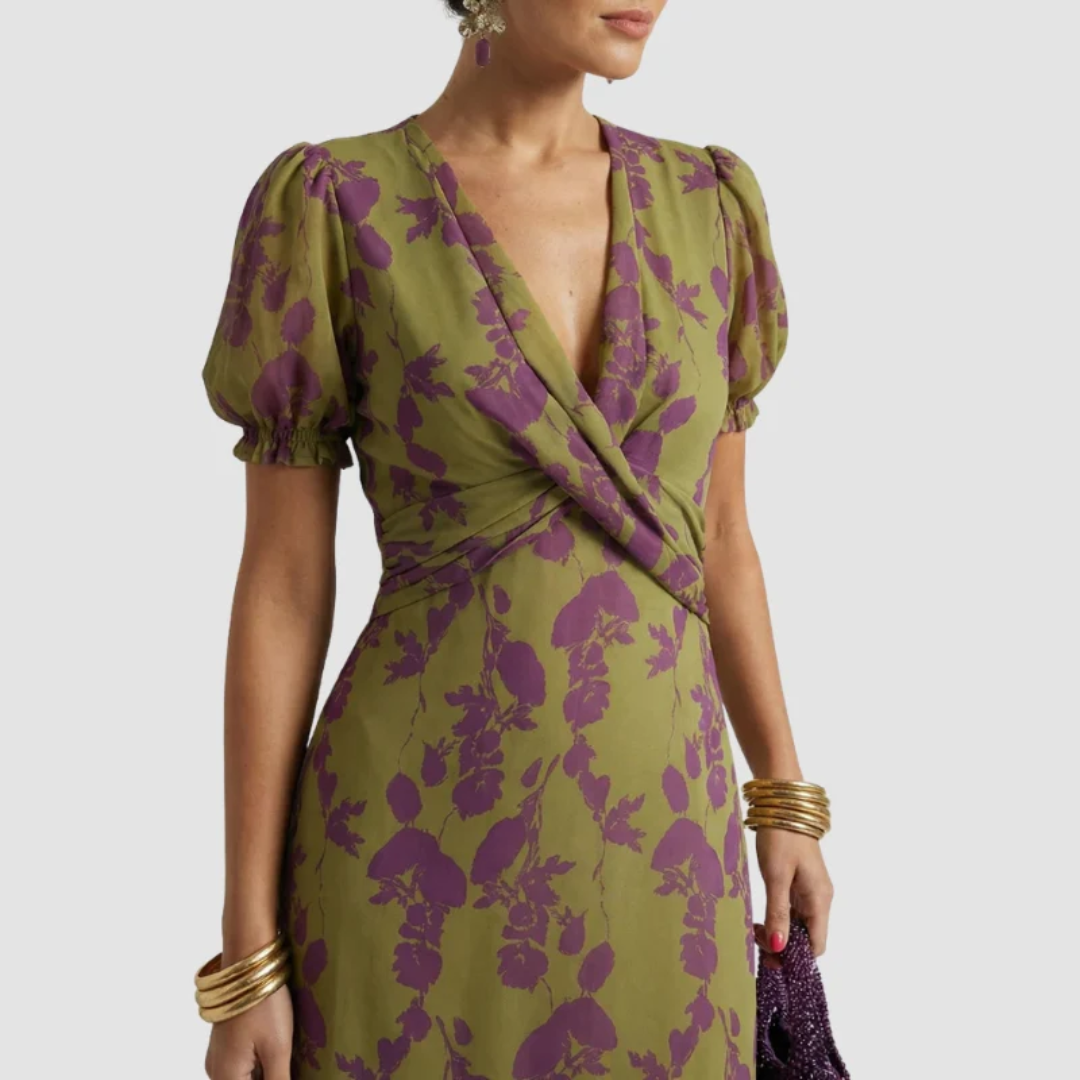 Clara | Floral Wrap Midi Dress with Puff Sleeves
