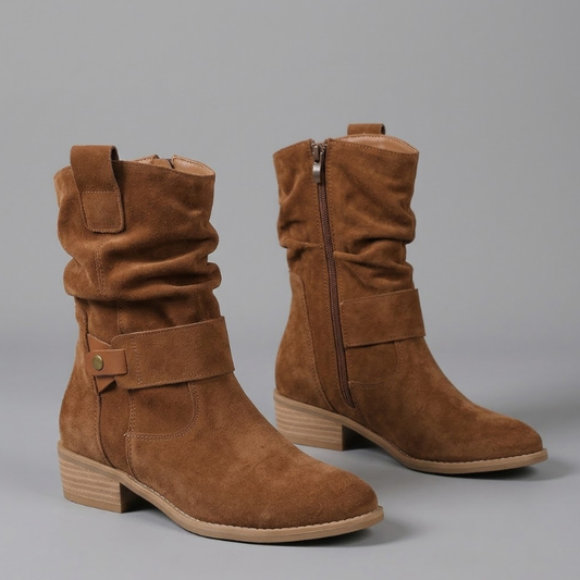 Slouch Mid-Calf Boots with Buckle Strap