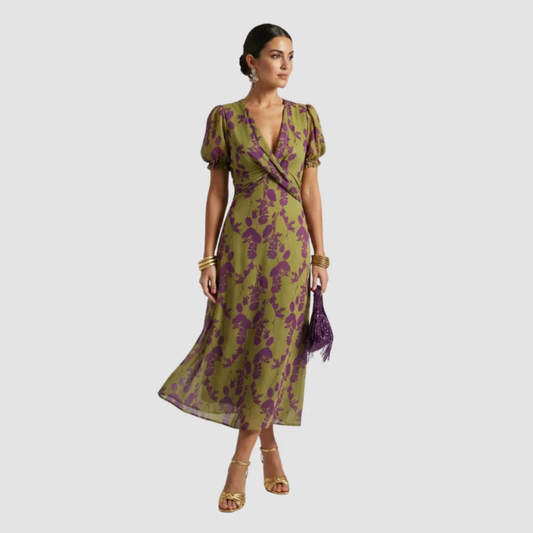 Clara | Floral Wrap Midi Dress with Puff Sleeves