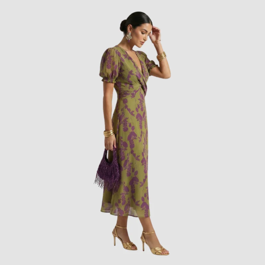 Clara | Floral Wrap Midi Dress with Puff Sleeves