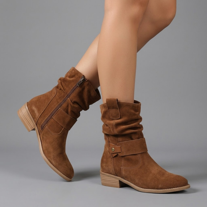 Slouch Mid-Calf Boots with Buckle Strap