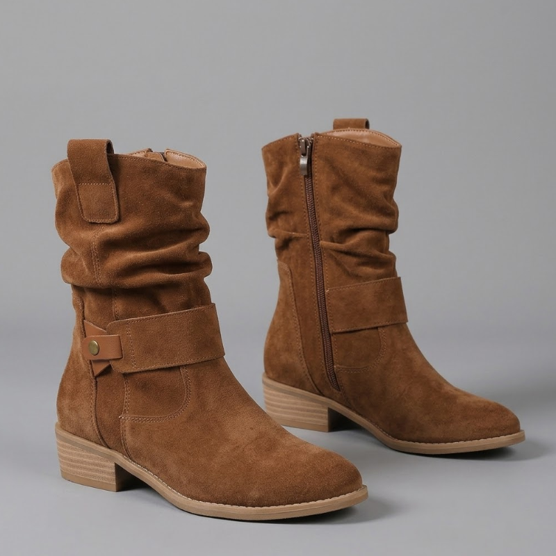 Slouch Mid-Calf Boots with Buckle Strap